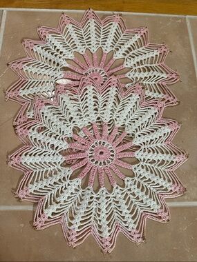 2 VTG Handmade Pink & White Crochet Doily